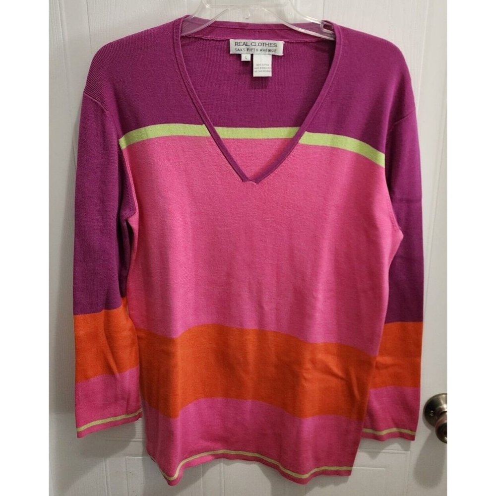 Real Clothes Saks Fifth Avenue Women's Long Sleeve Top Heavy Cotton Colorblock L